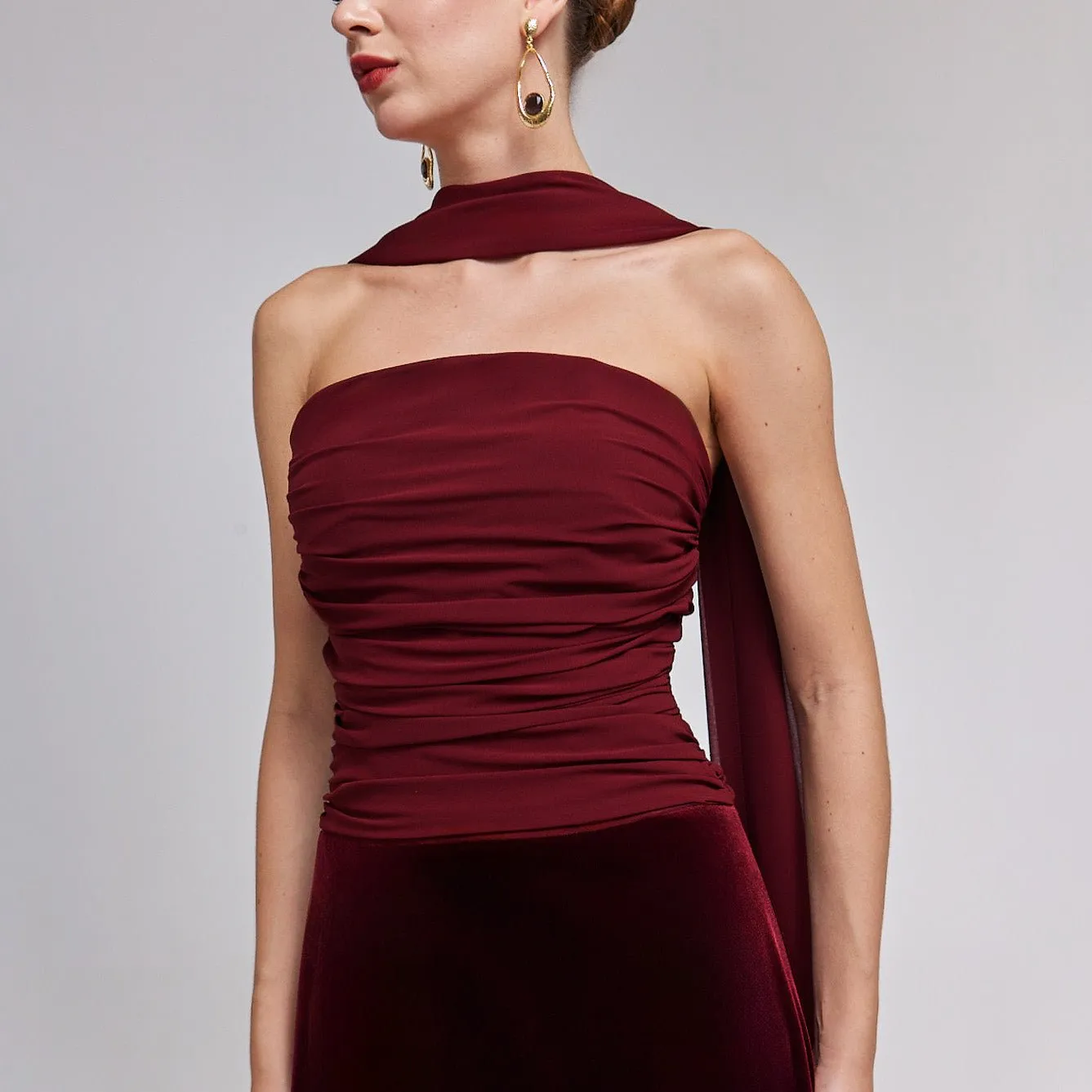 Burgundy Velvet-Chiffon Strapless Gown with Draped Scarf