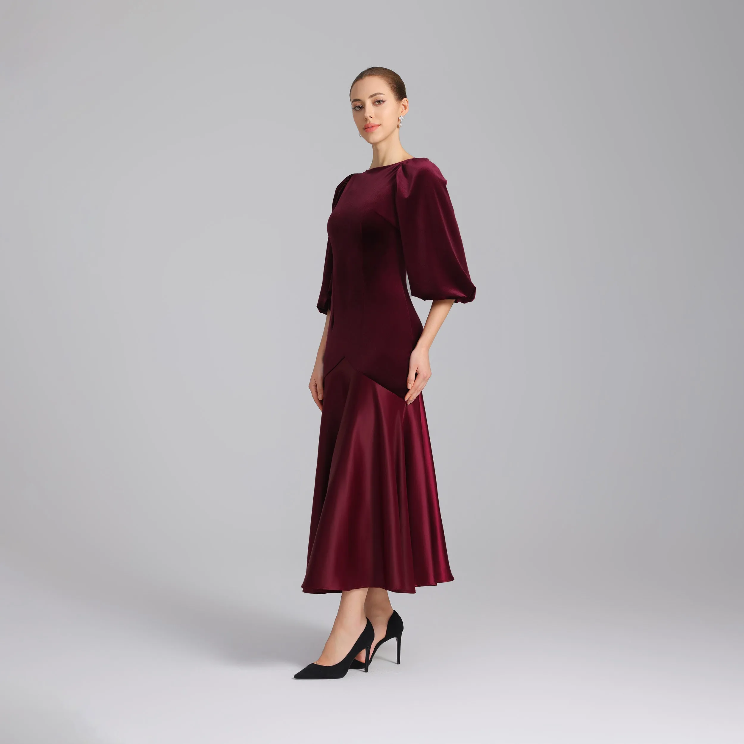 Burgundy Velvet-Satin Balloon Sleeve Midi Dress