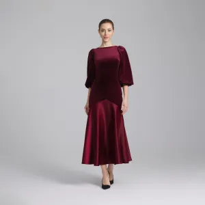 Burgundy Velvet-Satin Balloon Sleeve Midi Dress