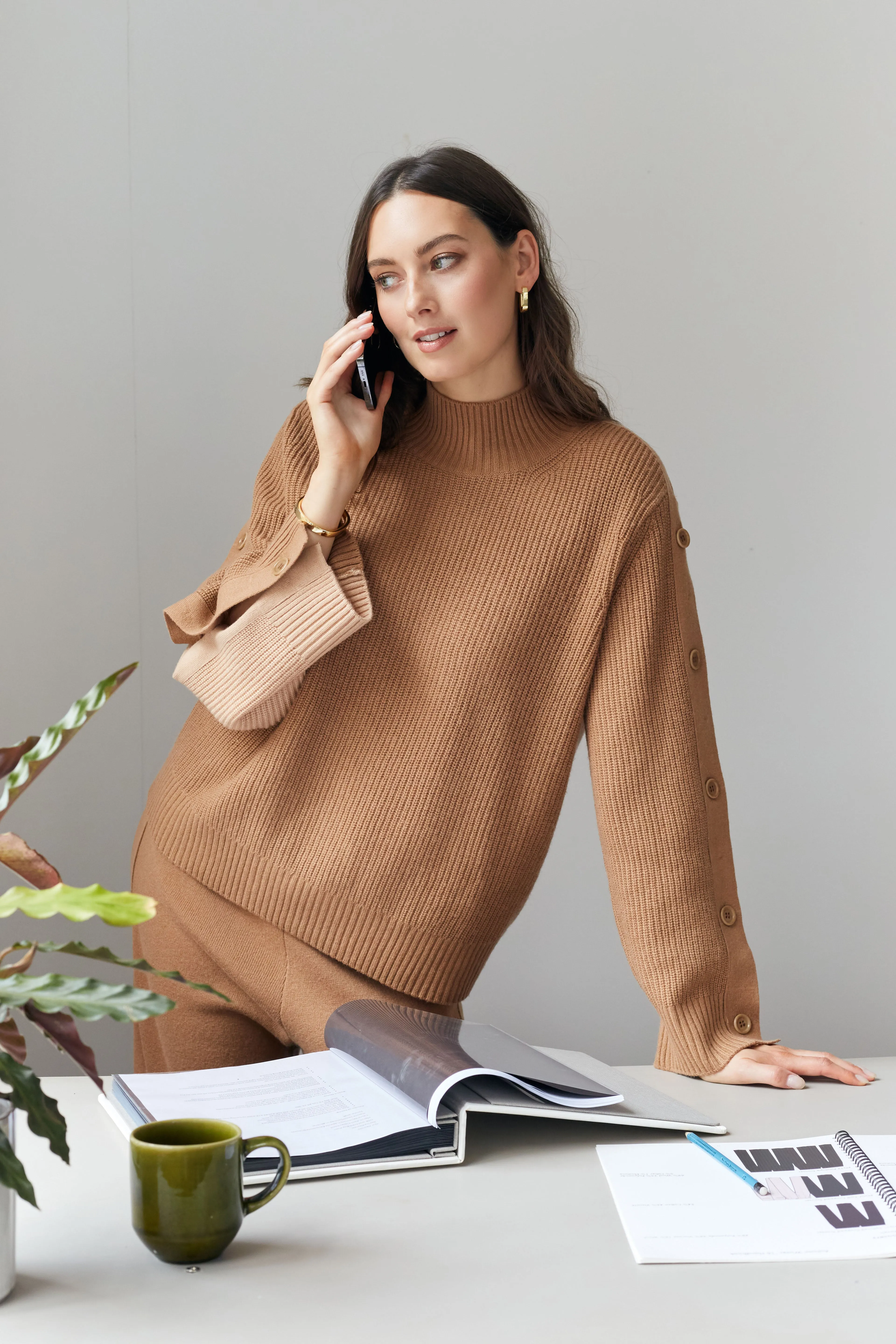 Camel Wool-Cashmere Bessie Button Sweater