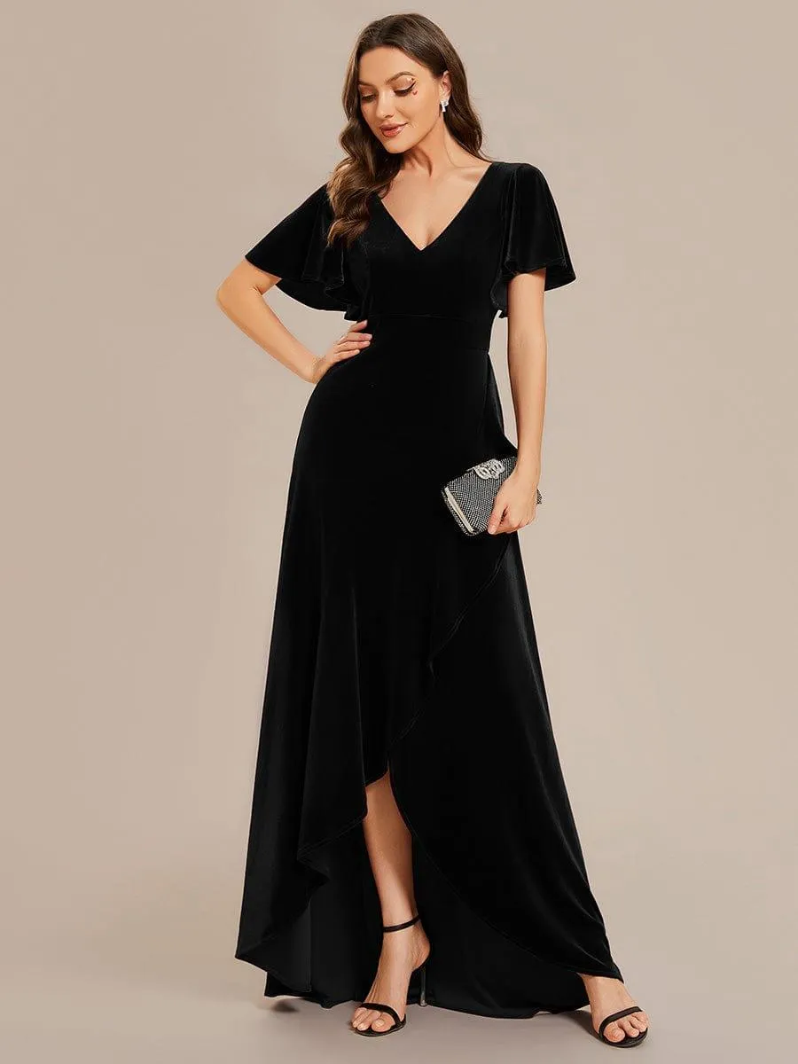 Double V-Neck Short Sleeves Stretchy Velvet Evening Dress with Lotus Leaf Hem