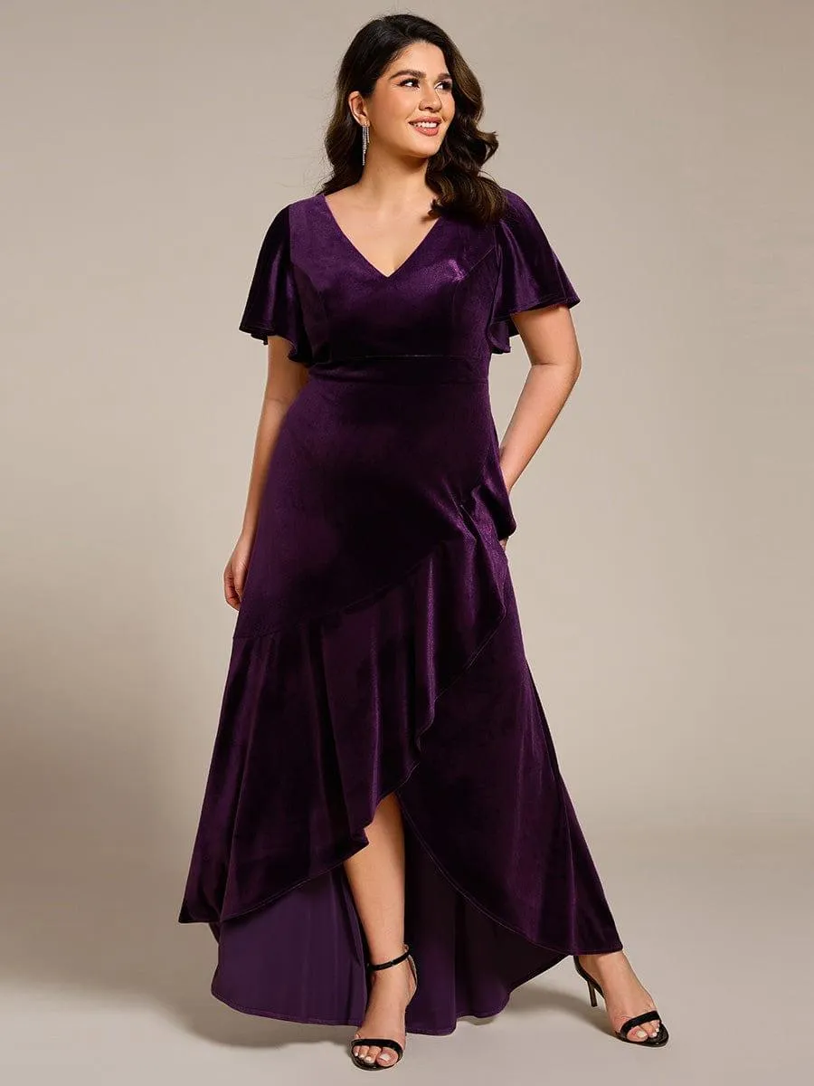 Double V-Neck Short Sleeves Stretchy Velvet Evening Dress with Lotus Leaf Hem