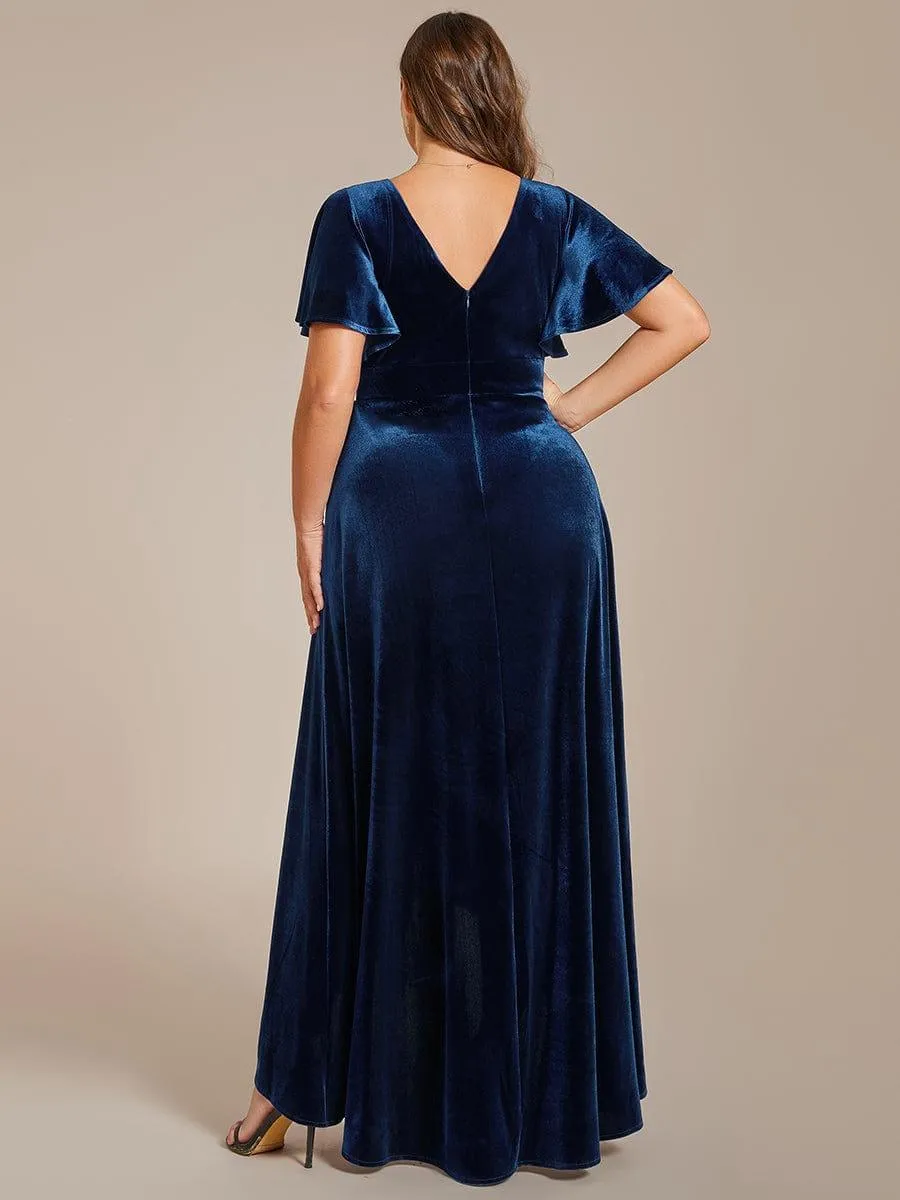 Double V-Neck Short Sleeves Stretchy Velvet Evening Dress with Lotus Leaf Hem