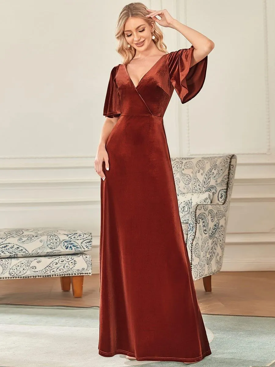 Elegant Double V Neck Velvet Evening Dress with Sleeves