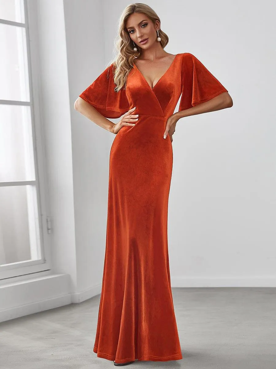 Elegant Double V Neck Velvet Evening Dress with Sleeves