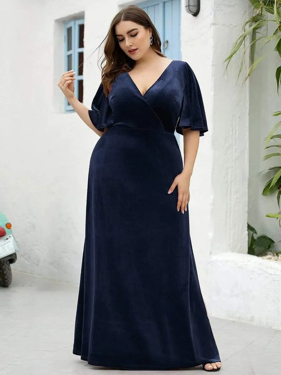 Elegant Double V Neck Velvet Evening Dress with Sleeves