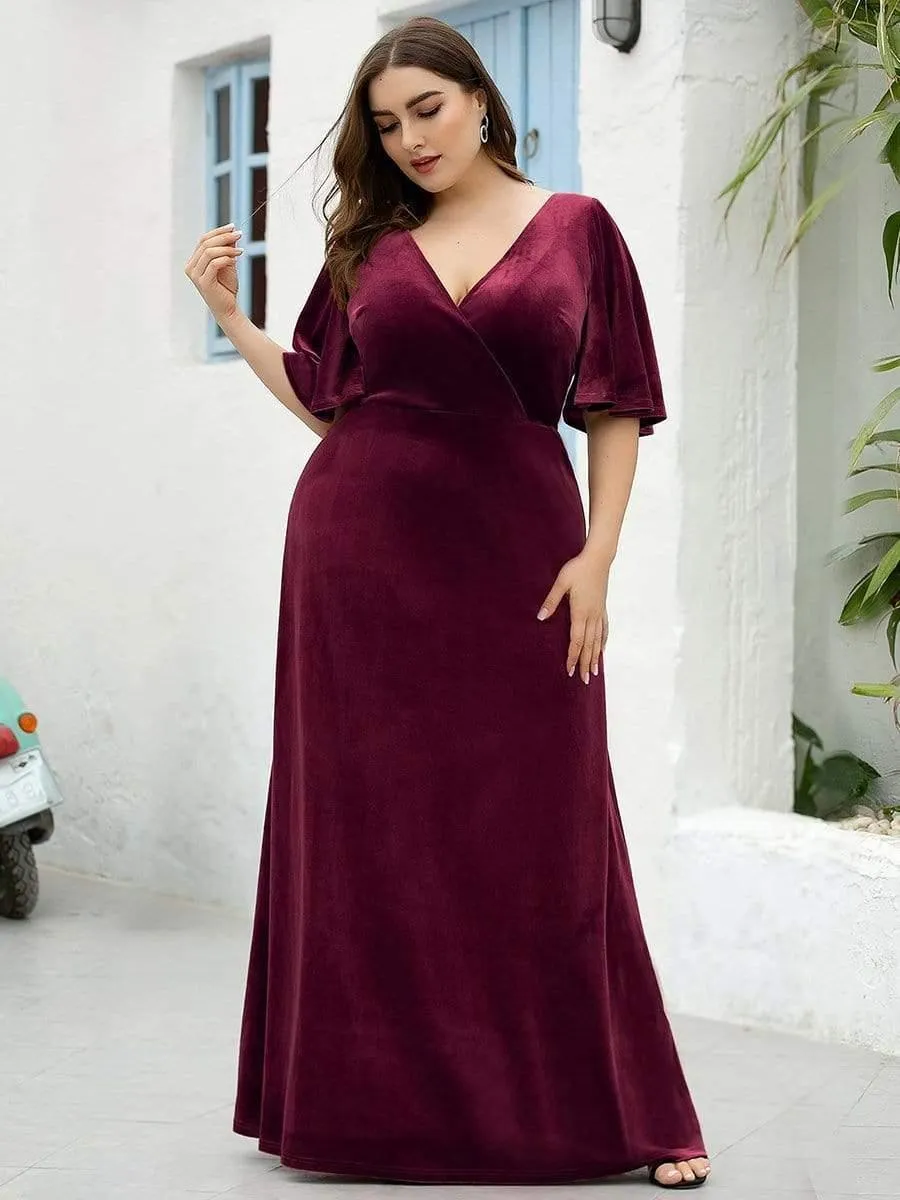 Elegant Double V Neck Velvet Evening Dress with Sleeves