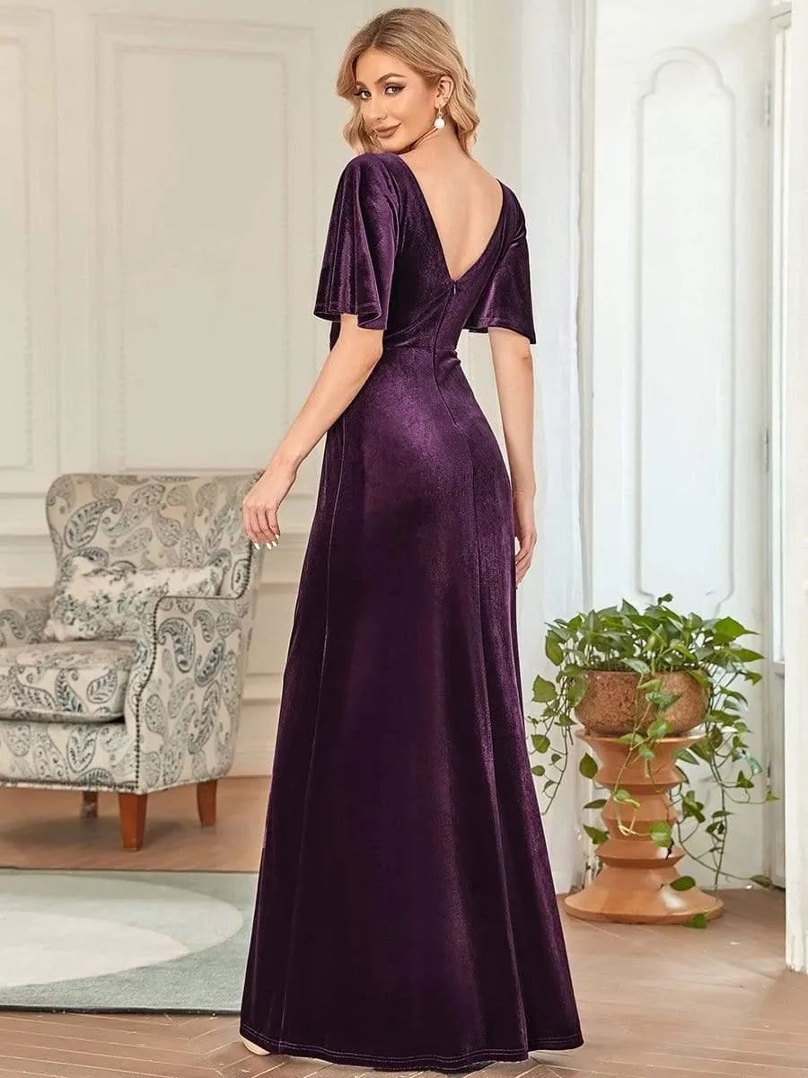 Elegant Double V Neck Velvet Evening Dress with Sleeves