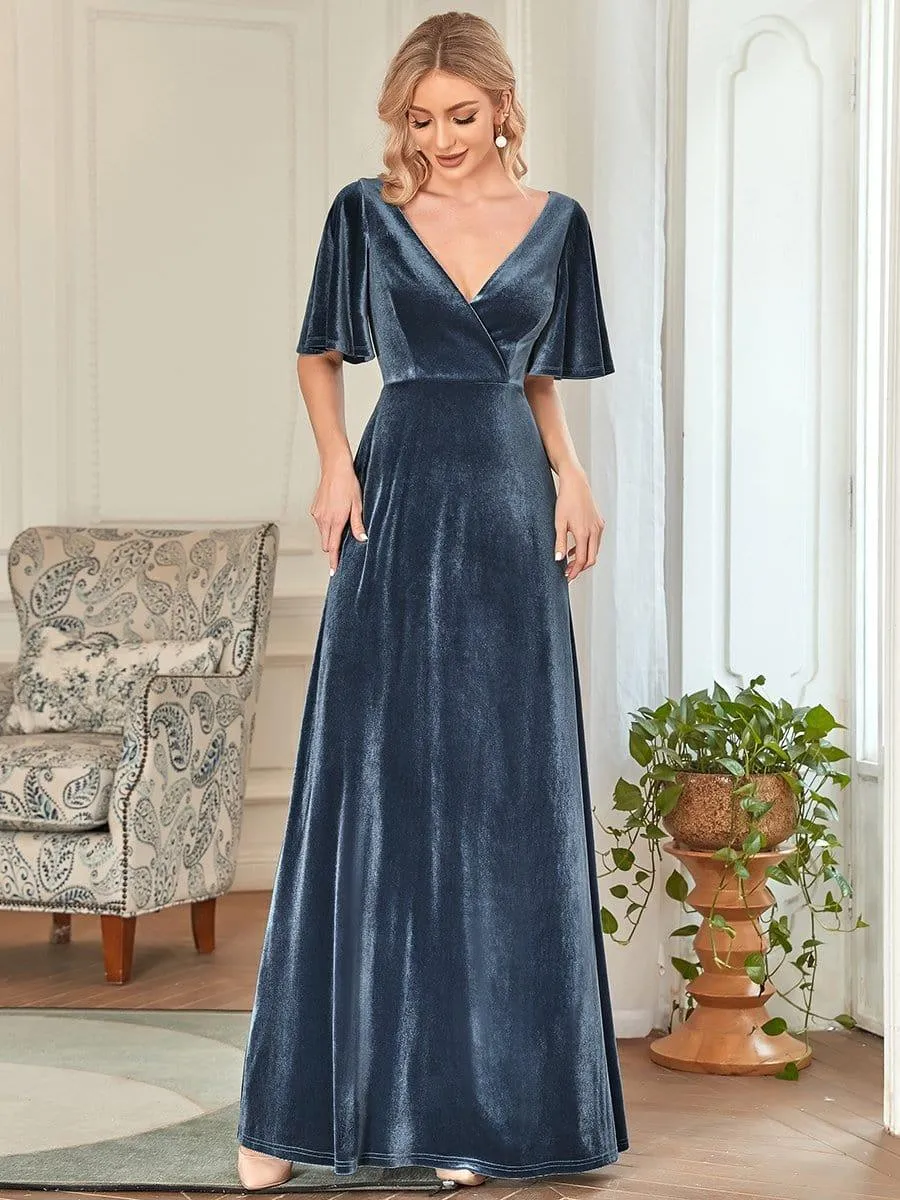 Elegant Double V Neck Velvet Evening Dress with Sleeves