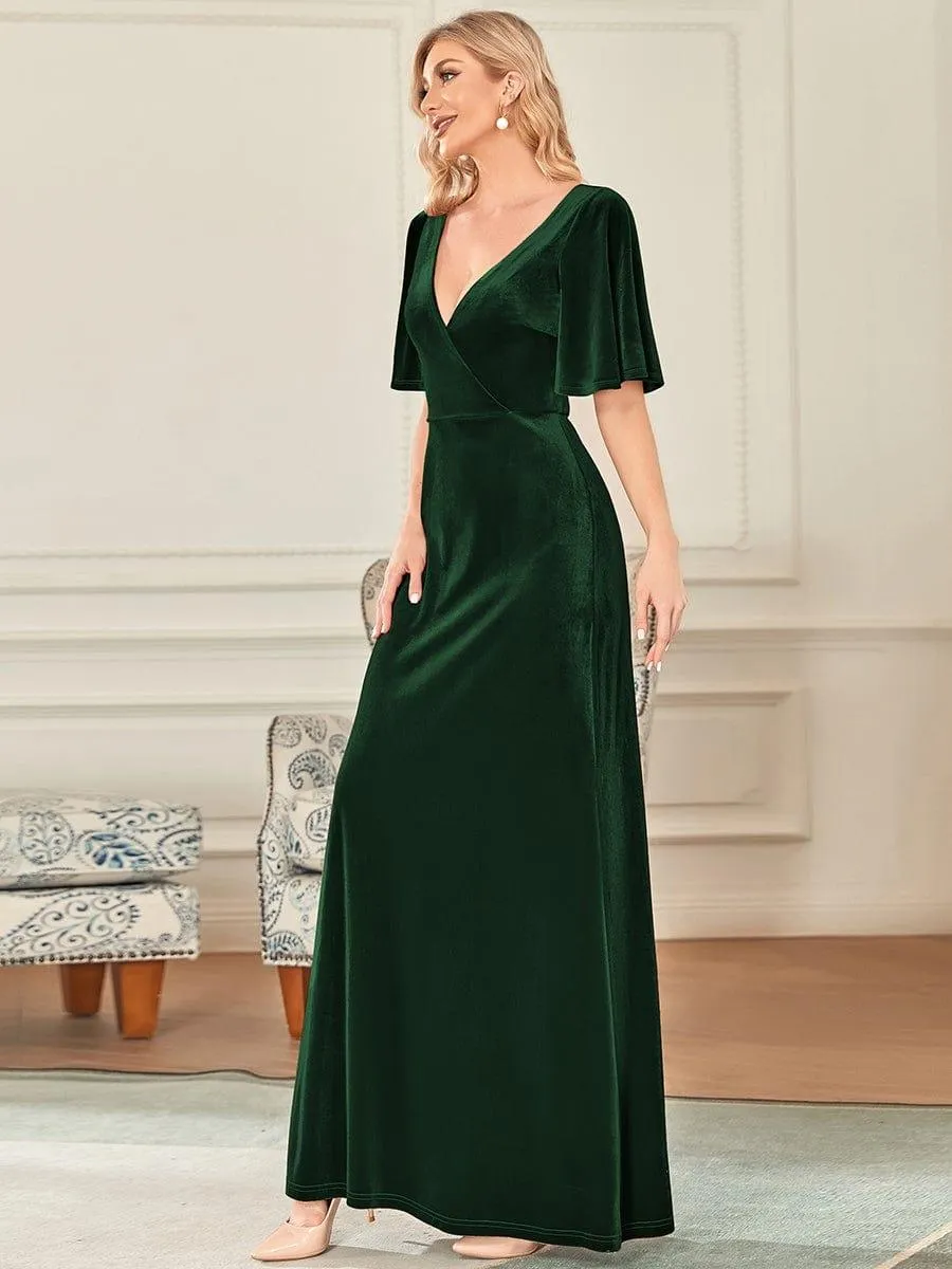 Elegant Double V Neck Velvet Evening Dress with Sleeves