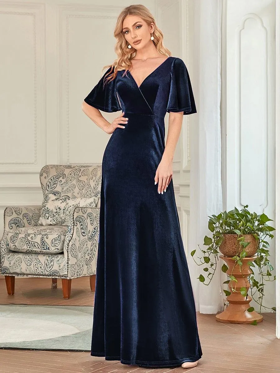 Elegant Double V Neck Velvet Evening Dress with Sleeves