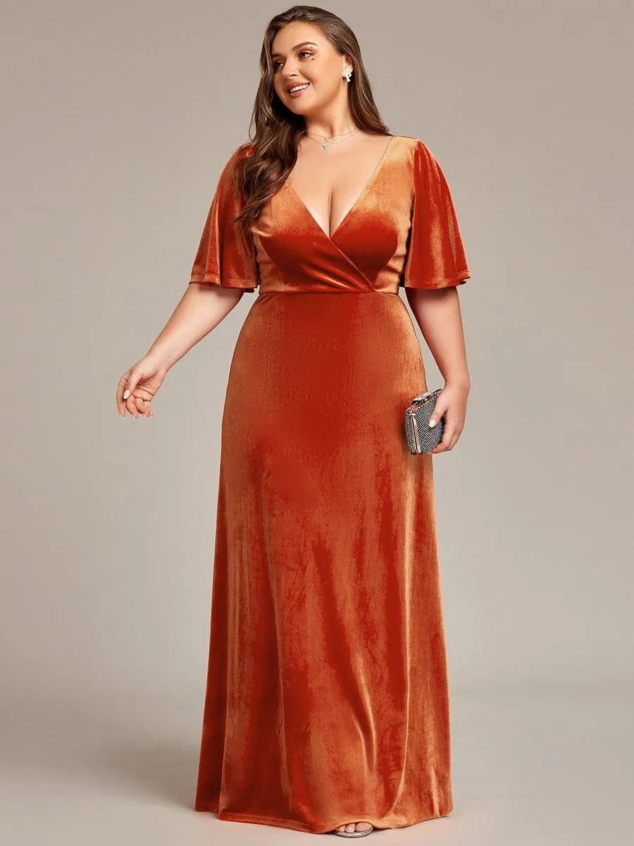 Elegant Double V Neck Velvet Evening Dress with Sleeves