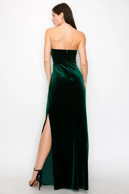 Emerald Green Velvet Sweetheart Neckline Side Slit Maxi Dress