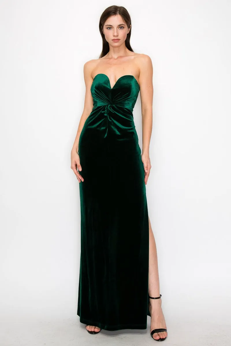 Emerald Green Velvet Sweetheart Neckline Side Slit Maxi Dress