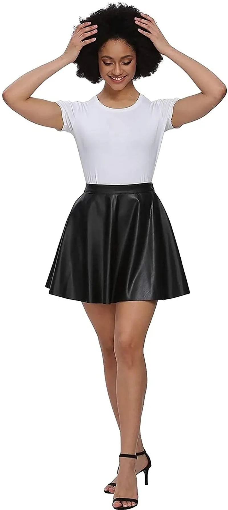 Fahsyee Plus Size Leather Skirt, Women's Black Pleated Skater Mini A-line Vegan Faux High Waist Casual Stretchy S-XXL