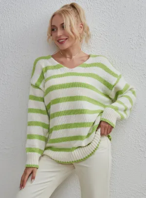 Fashion V-neck Striped Loose Pullover Sweater