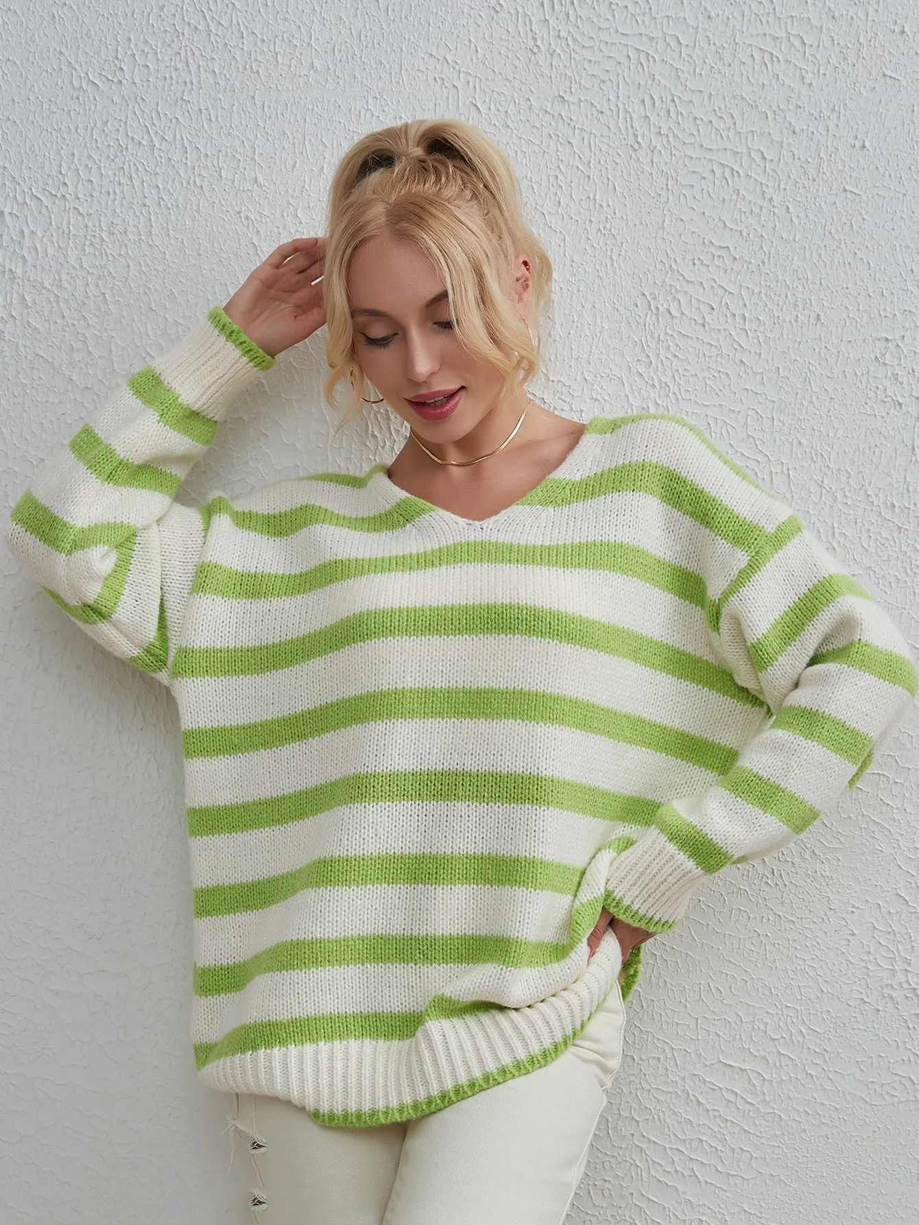 Fashion V-neck Striped Loose Pullover Sweater