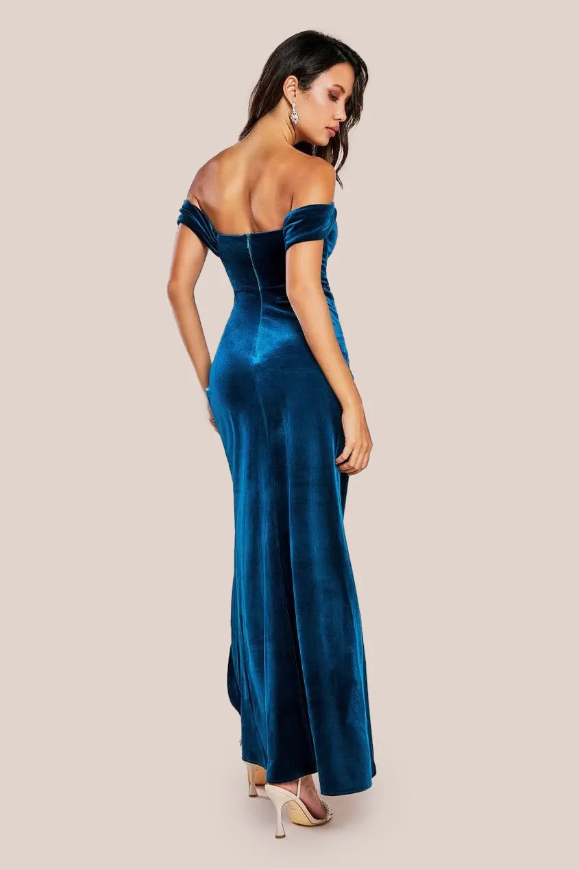 Goddiva Draped Shoulder Velvet Corset Maxi Dress - Teal Blue