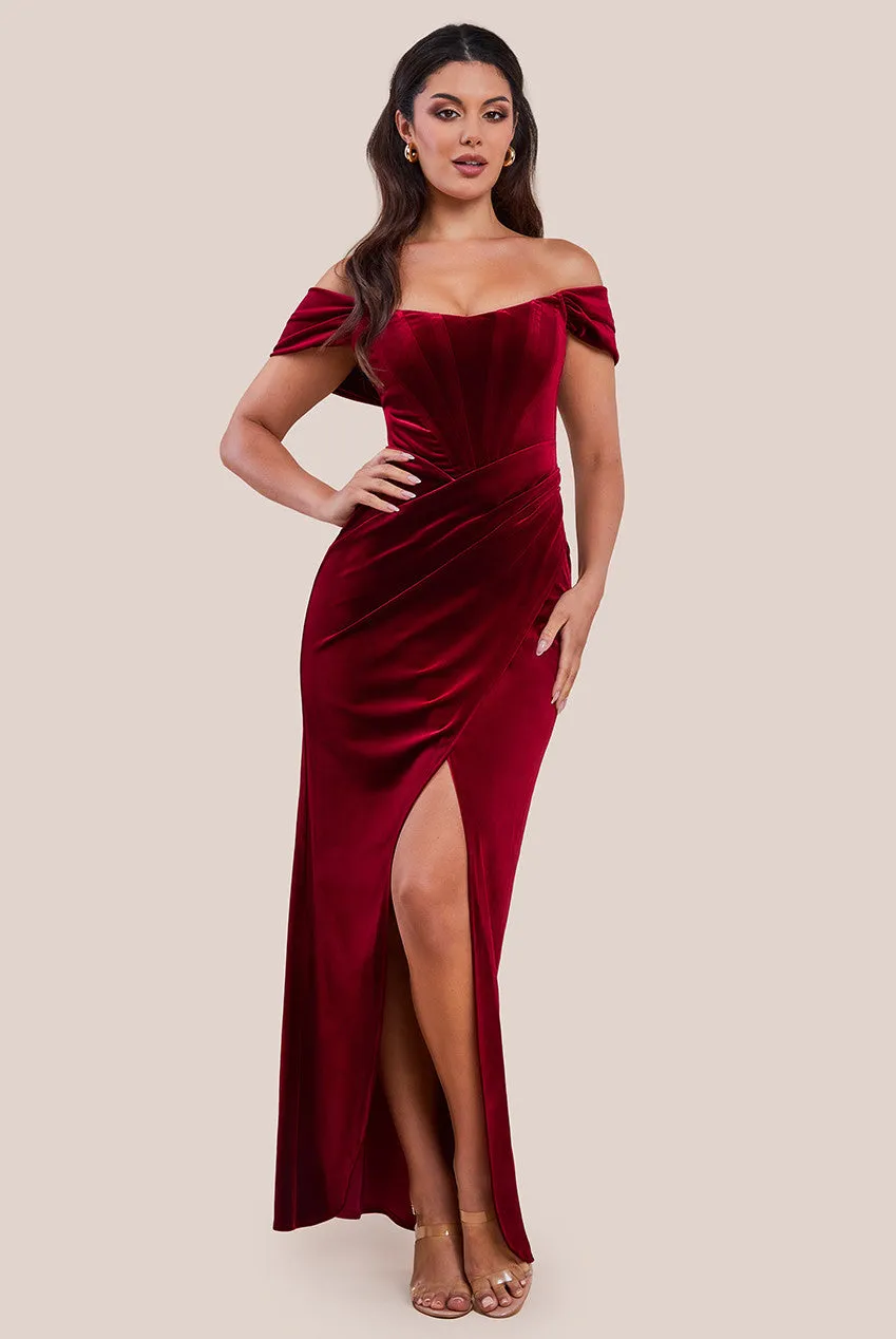 Goddiva Draped Shoulder Velvet Corset Maxi Dress - Wine