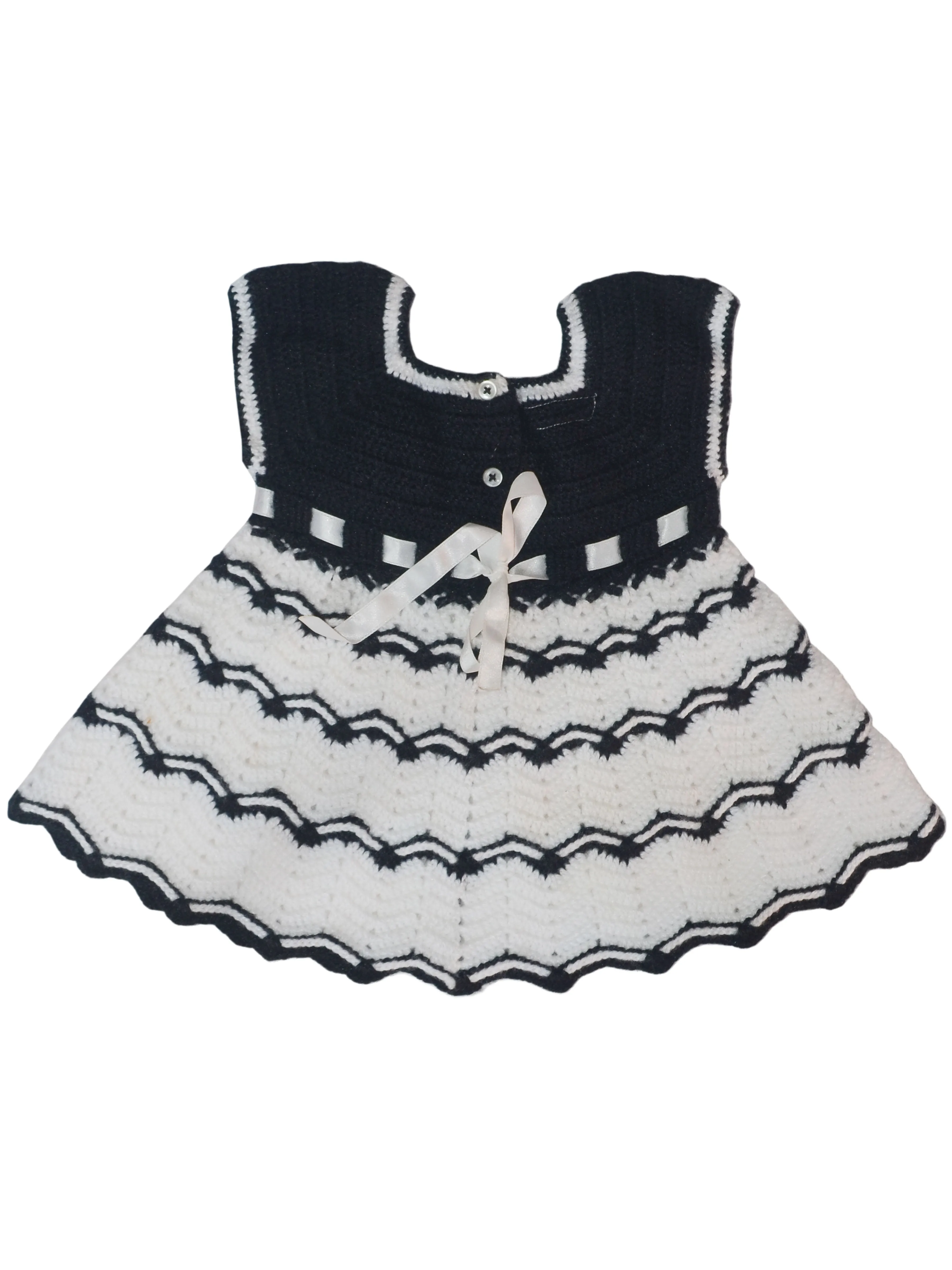 Graminarts Handmade Wonnie Sleveless Frock With Booties & Hair Band- White & Black