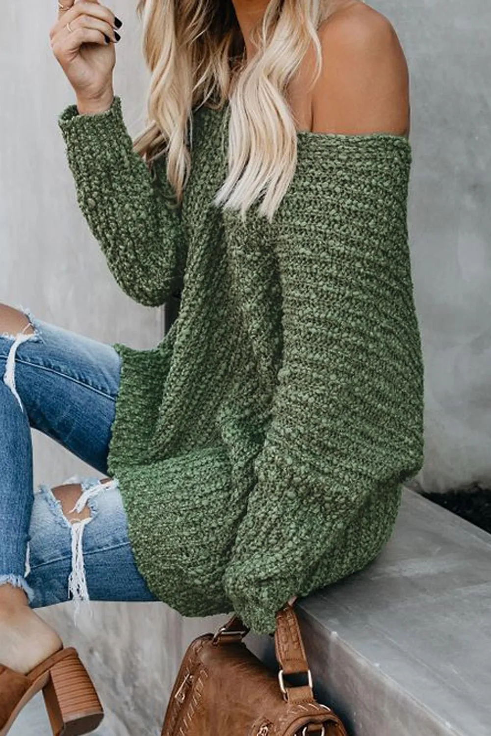 Green Warm My Soul Knit Off Shoulder Sweater