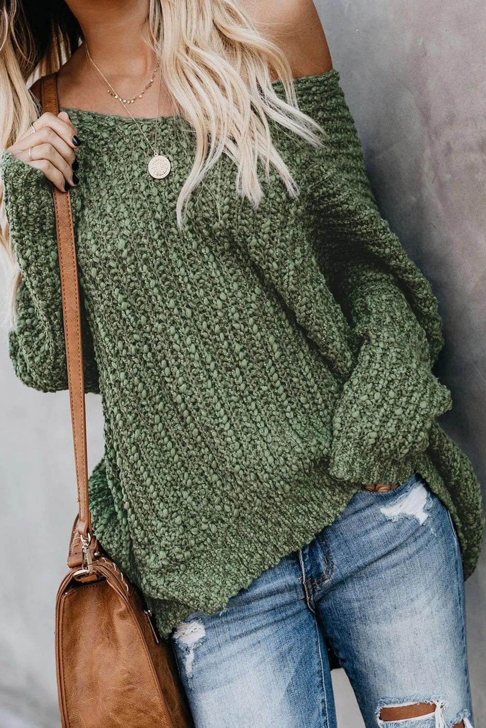 Green Warm My Soul Knit Off Shoulder Sweater