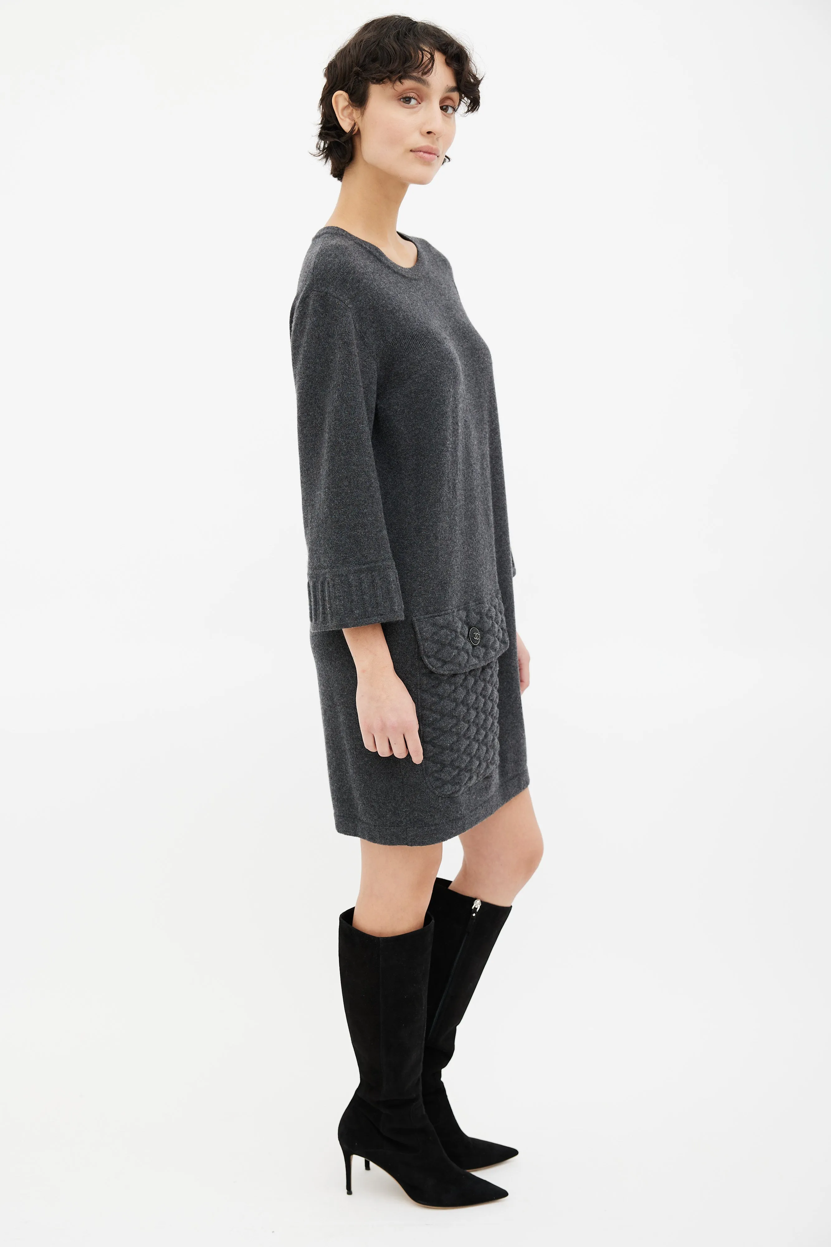 Grey Quilted Pocket Sweater Dress