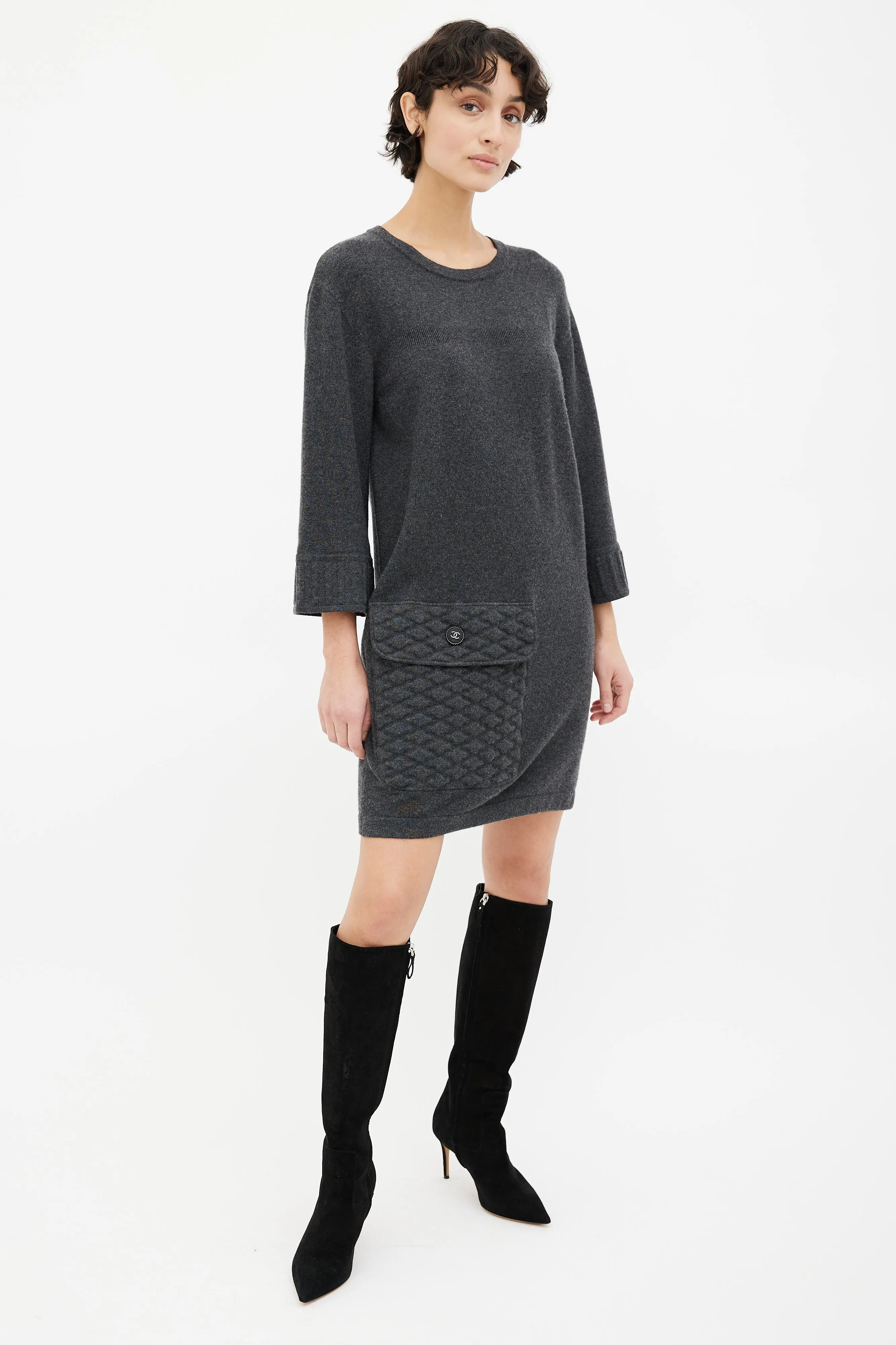 Grey Quilted Pocket Sweater Dress