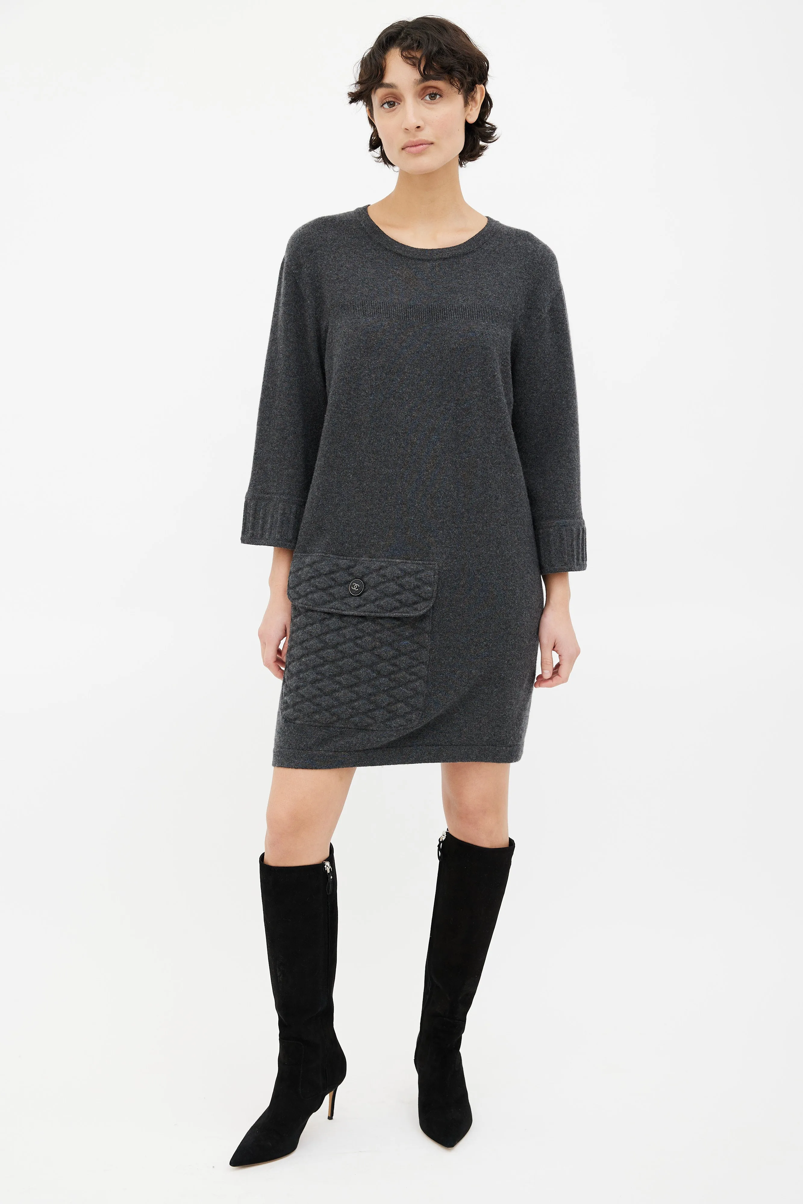 Grey Quilted Pocket Sweater Dress