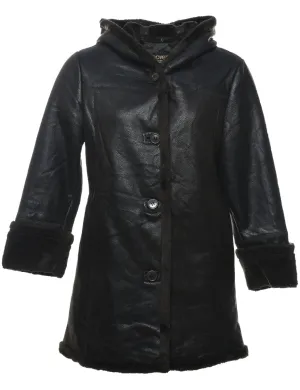 Hooded Black Leather Faux Shearling Lined Jacket - S