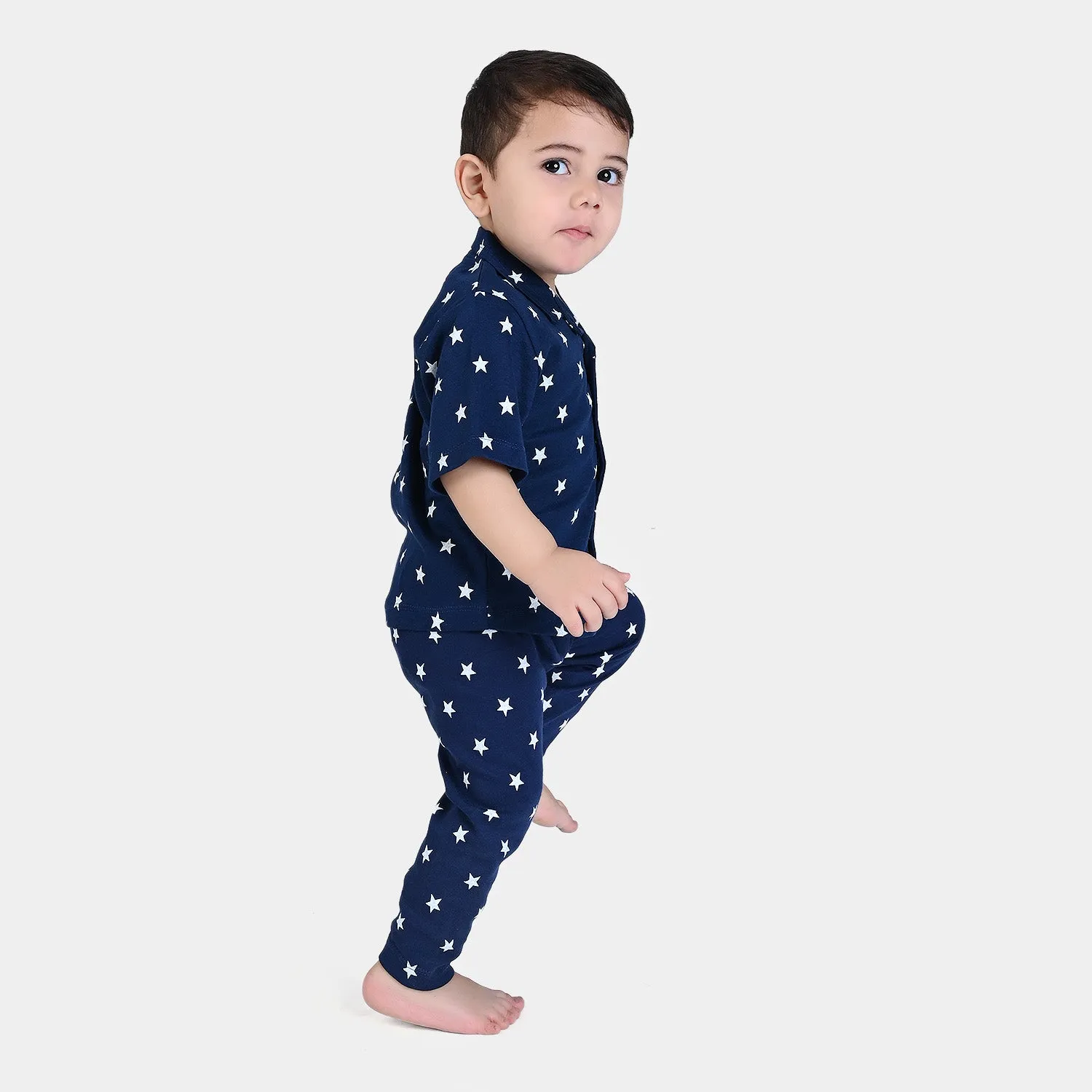 Infant Boys Cotton Jersey Knitted Night Suit Stars-NAVY