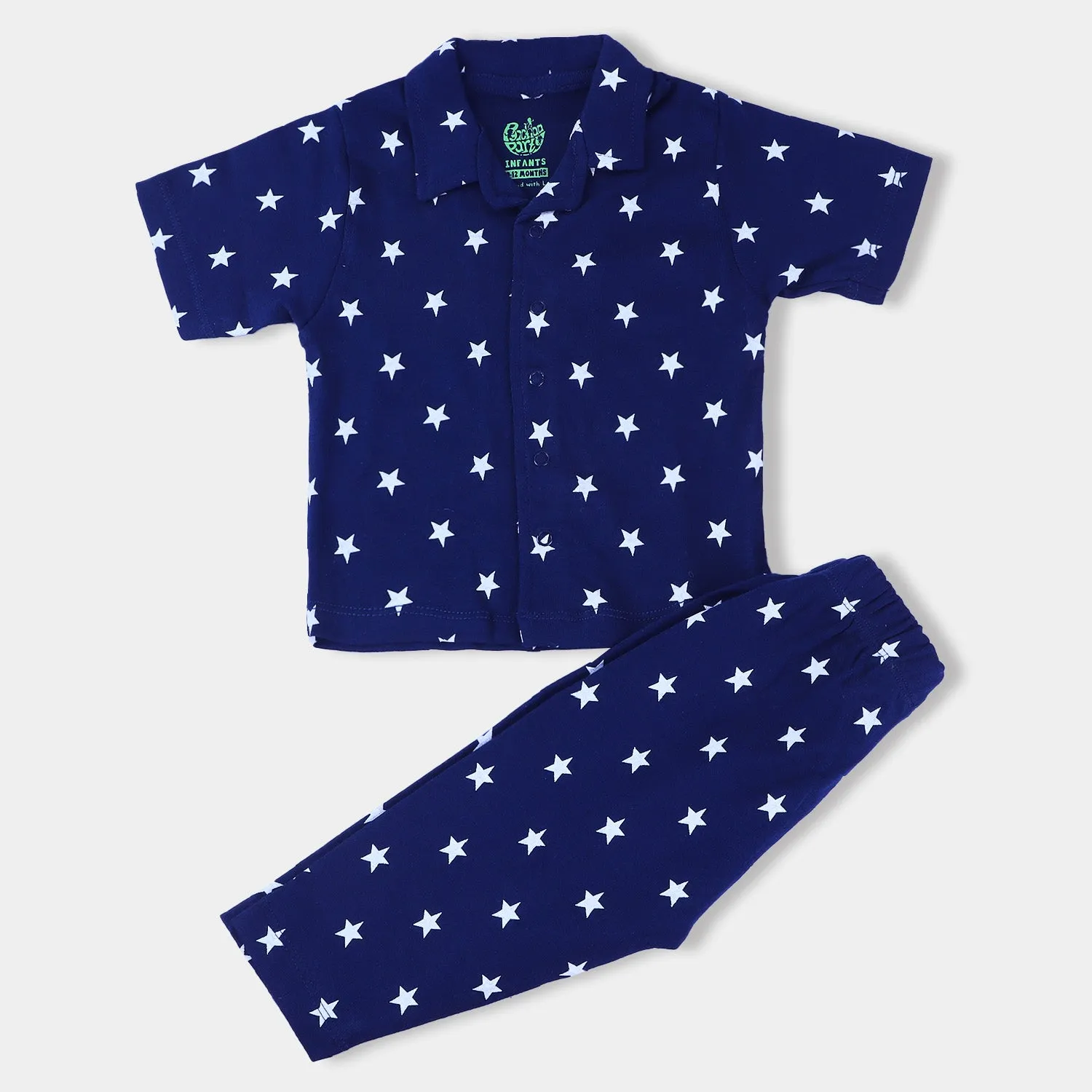 Infant Boys Cotton Jersey Knitted Night Suit Stars-NAVY