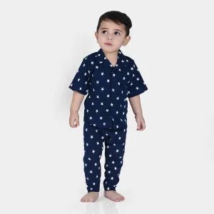 Infant Boys Cotton Jersey Knitted Night Suit Stars-NAVY