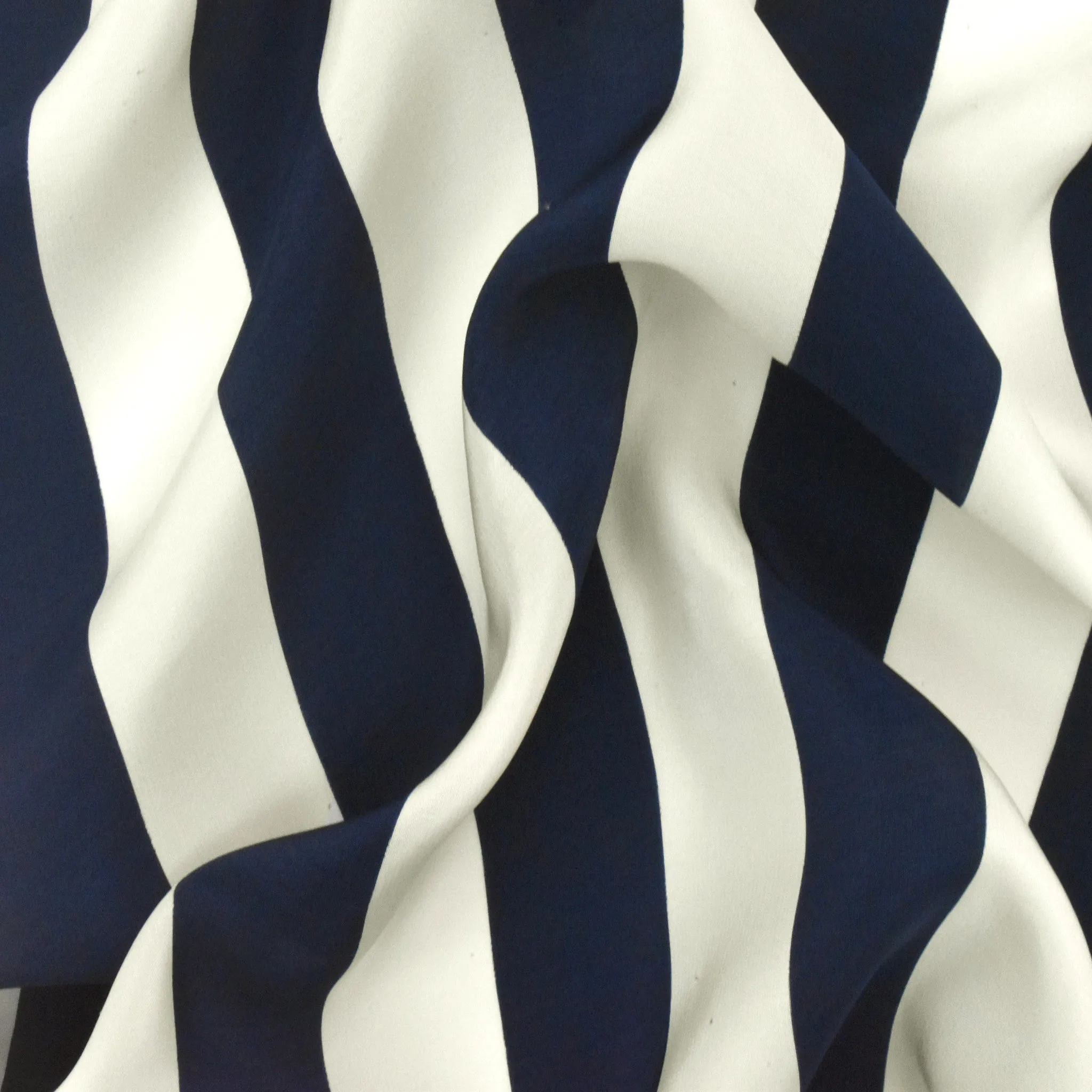 Ivory-Navy Blue Stripe Printed Silk Crepe De Chine Woven Fabric