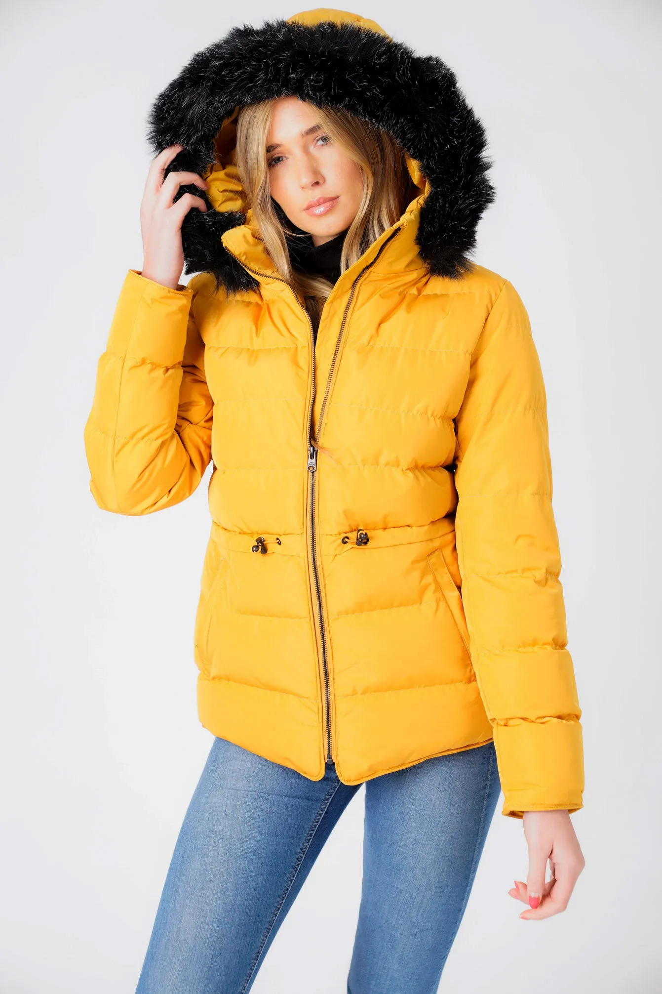 Jasmin Quilted Puffer Jacket With Faux Fur Trim Hood In Old Gold - Tokyo Laundry