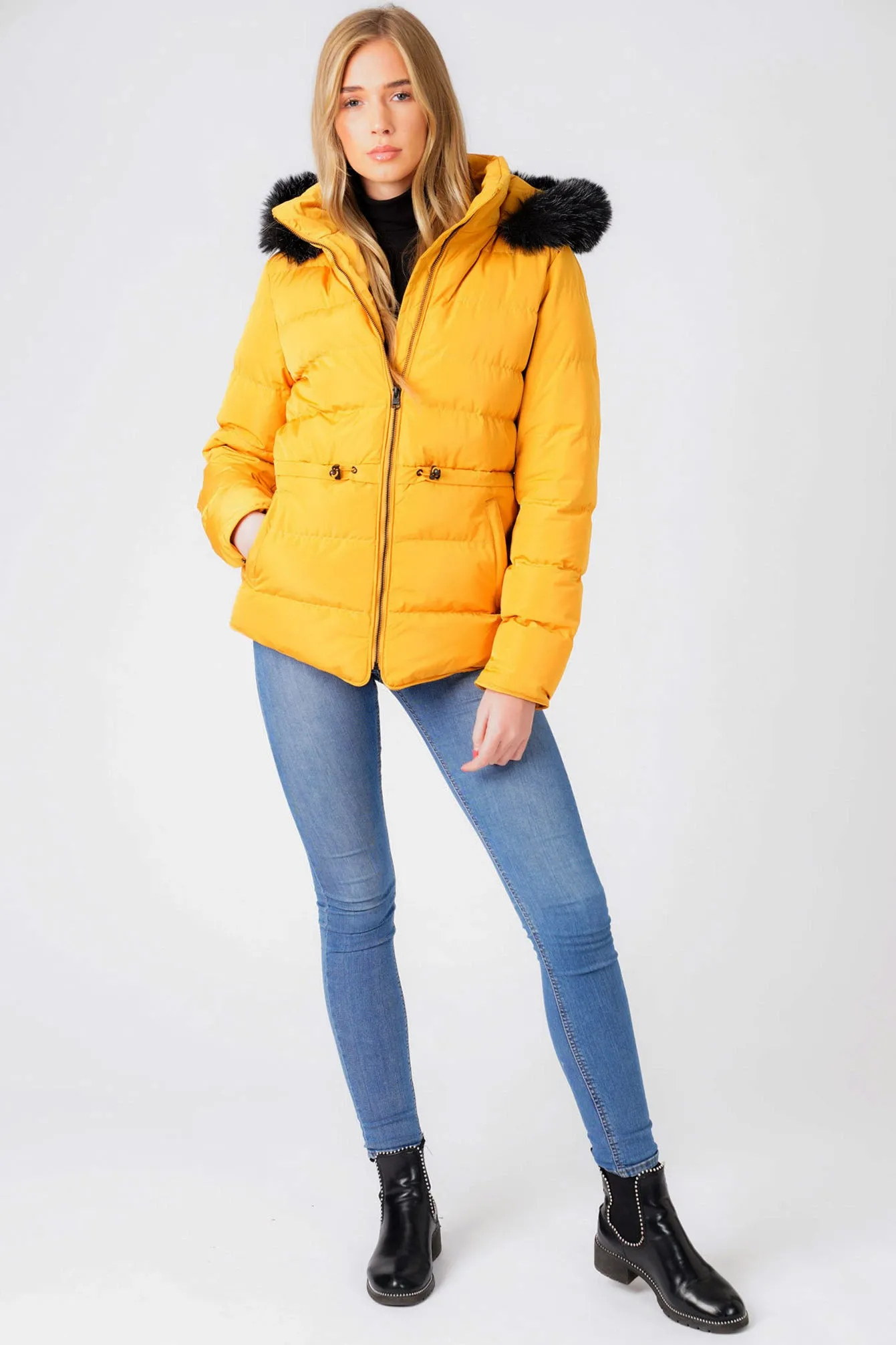 Jasmin Quilted Puffer Jacket With Faux Fur Trim Hood In Old Gold - Tokyo Laundry