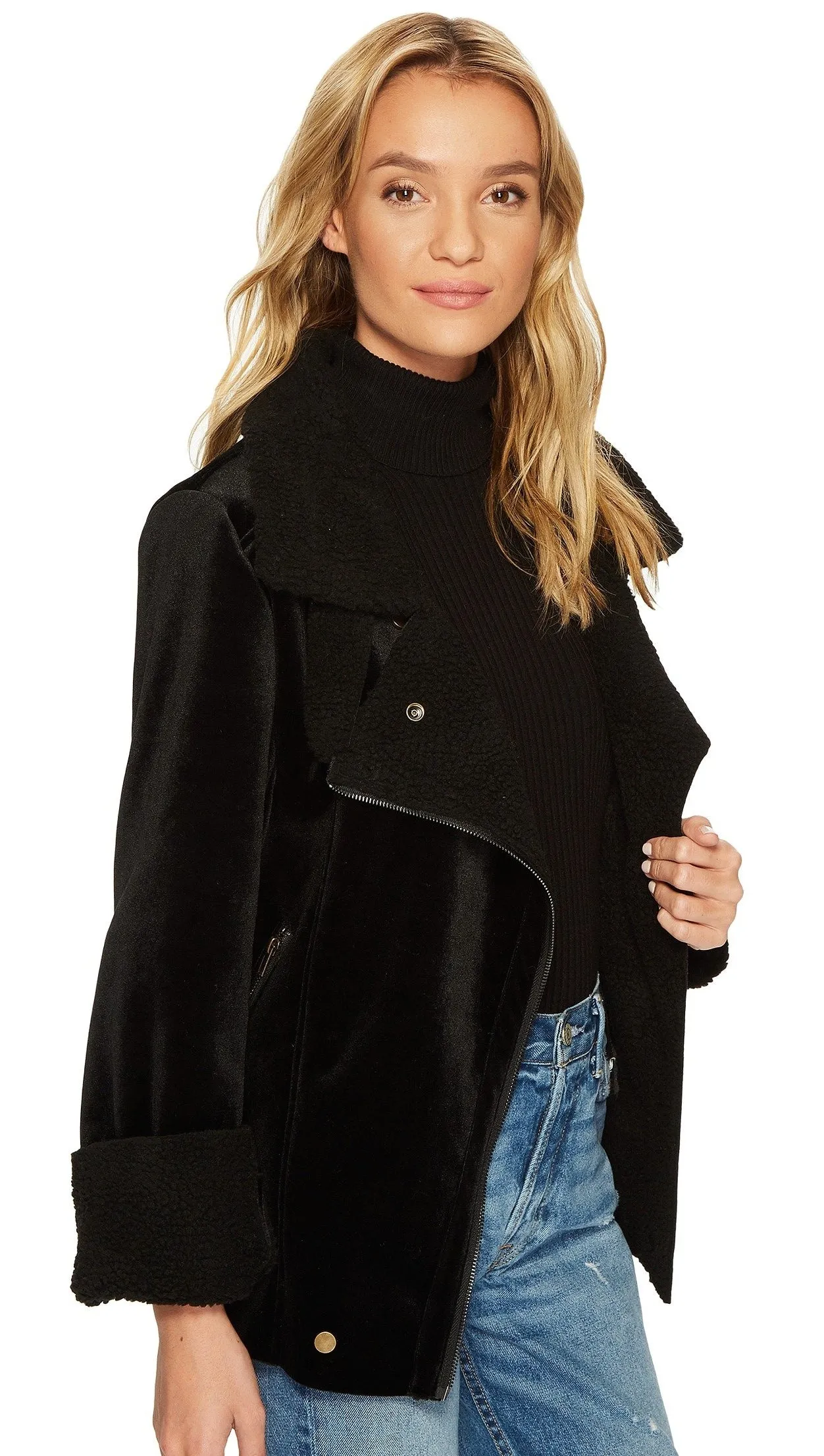 JOA Velour Shearling Moto Biker Jacket Black