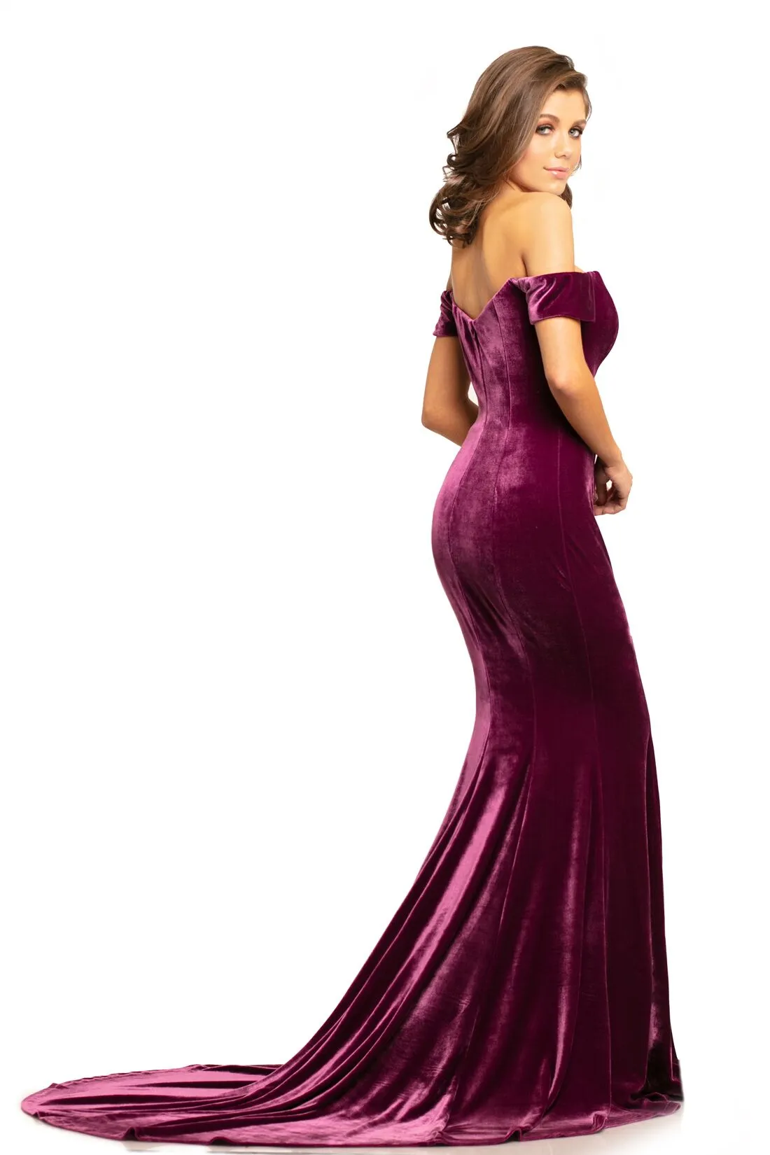 Johnathan Kayne 9227 Size 4 Plum off the shoulder velvet mermaid prom dress with train