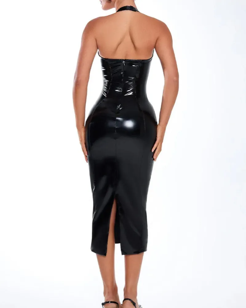 Leather Slim-Fitting Hip-Wrapping Dress