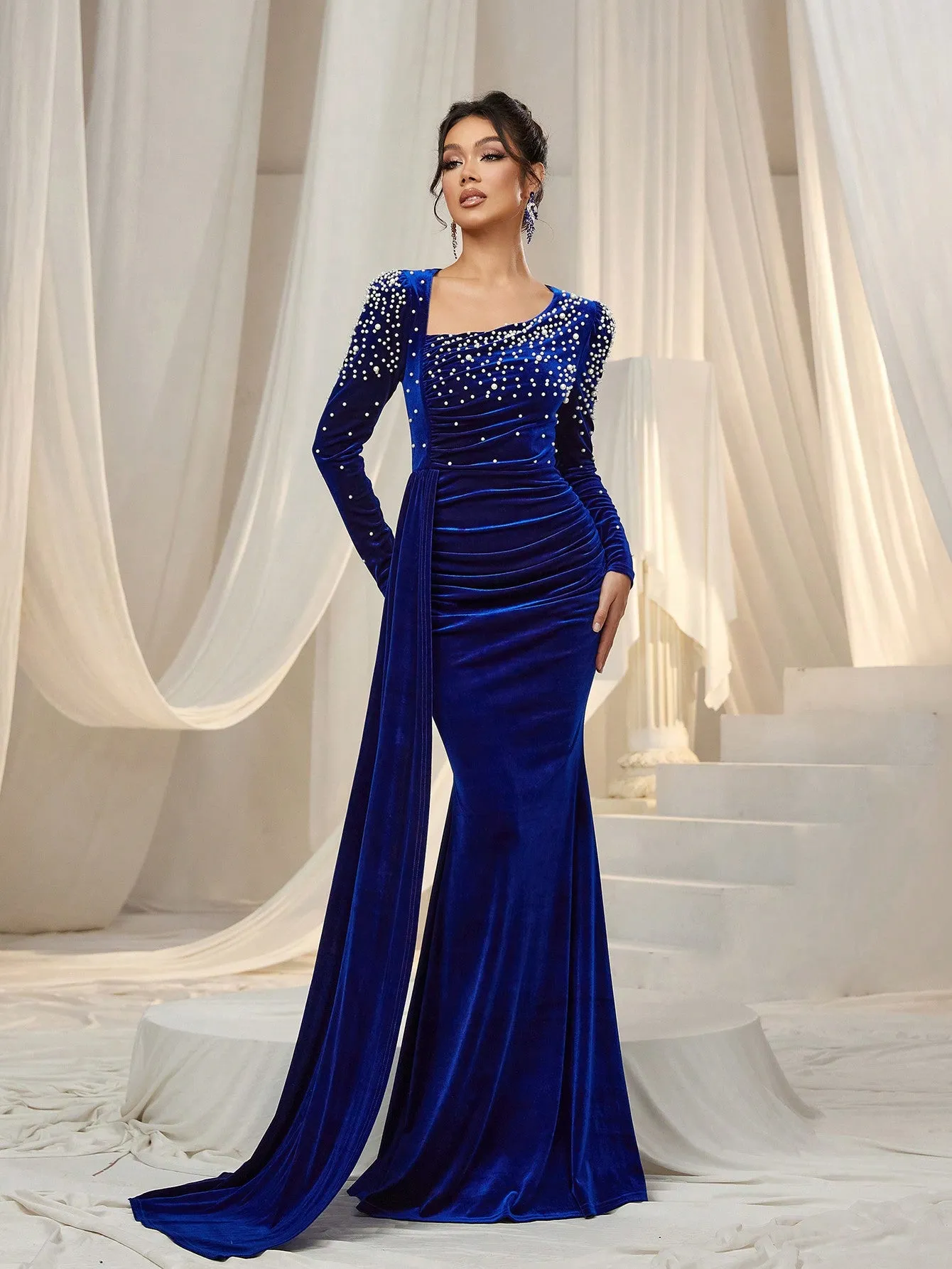 LLstyle Bead Decor Asymmetrical Neck Velvet Mermaid Dress