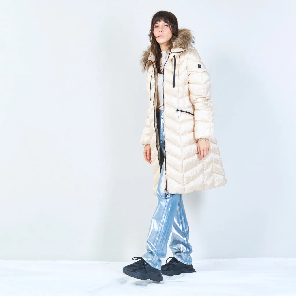 Long puffer coat with fur-lined hood wholesale