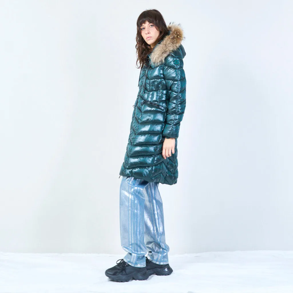 Long puffer coat with fur-lined hood wholesale