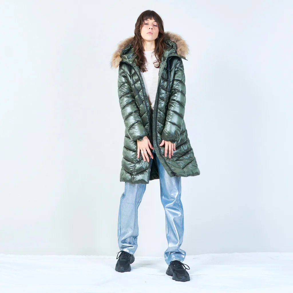 Long puffer coat with fur-lined hood wholesale