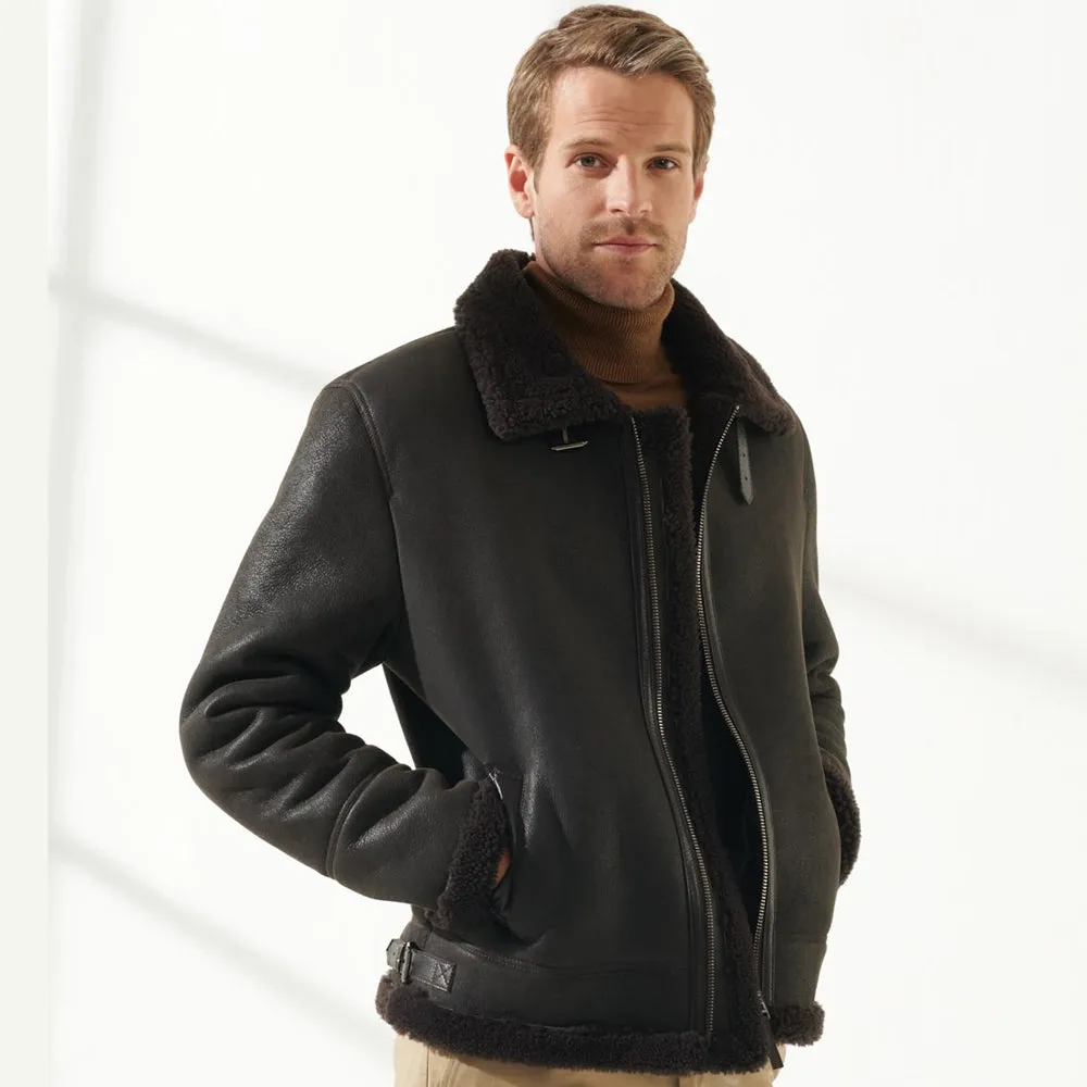 Men Aviator Brown Shearling Leather Jacket