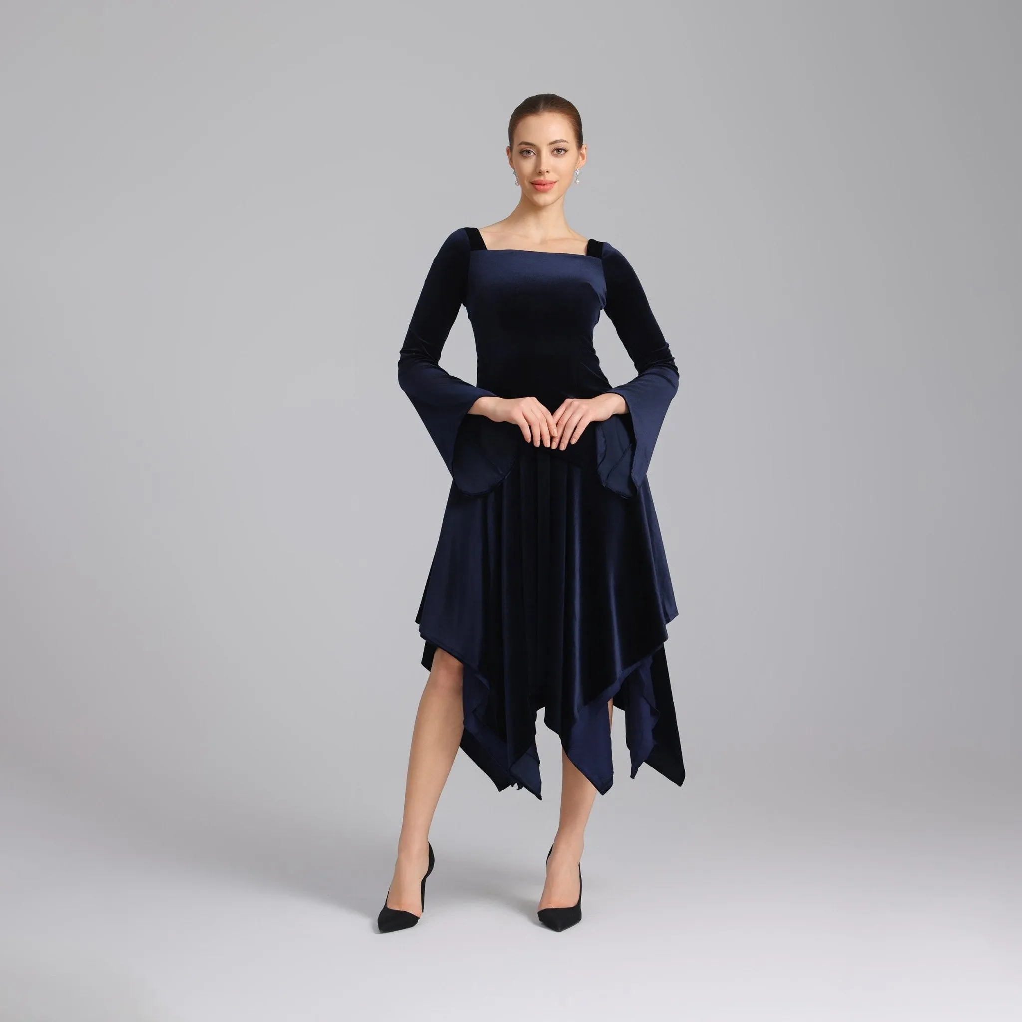 Navy Square Neck Long Sleeve Velvet Dress