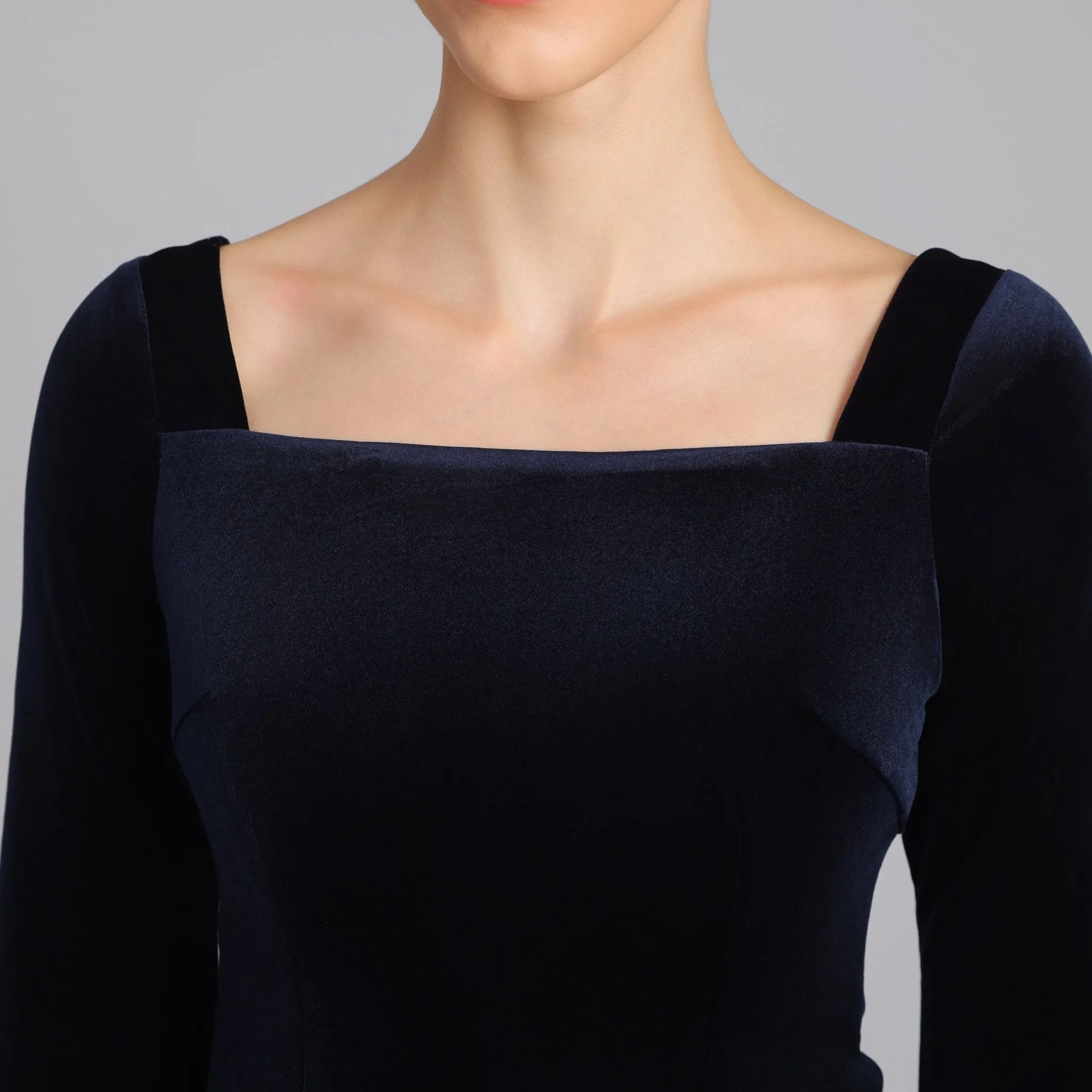 Navy Square Neck Long Sleeve Velvet Dress