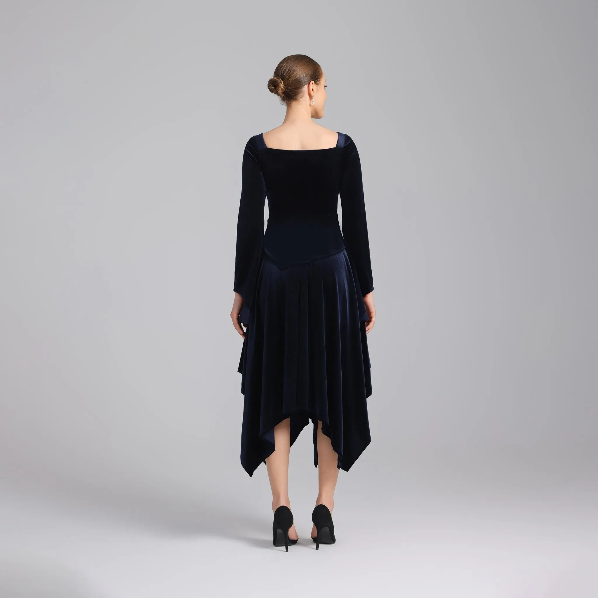 Navy Square Neck Long Sleeve Velvet Dress