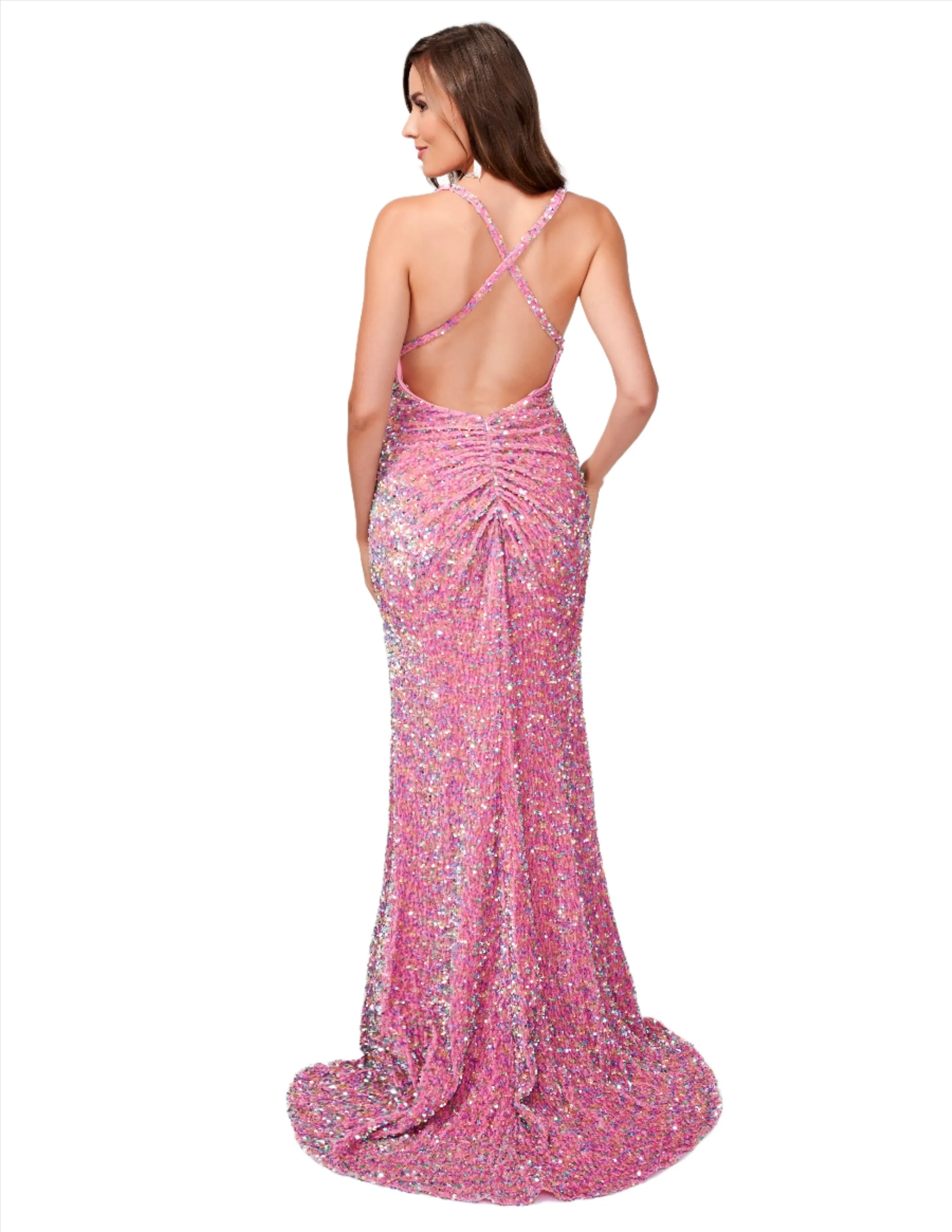 Nina Canacci 8233 Size 4 Pink Gold Sequin Velvet Prom Dress Ruched Maxi Slit Formal Evening Gown