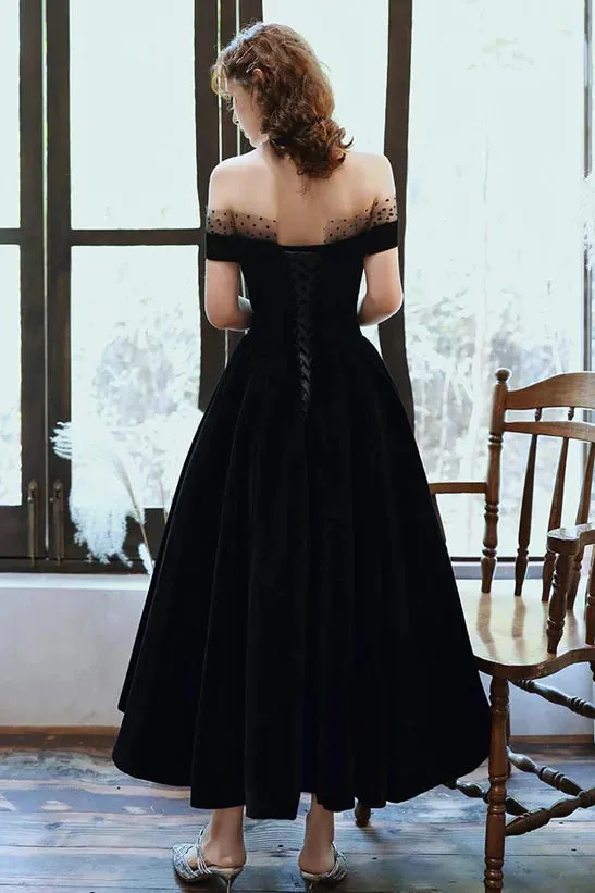 Off Shoulder Black Velvet Party Dress Homecoming Dress Evening Dress Wedding Guest Party Dresses