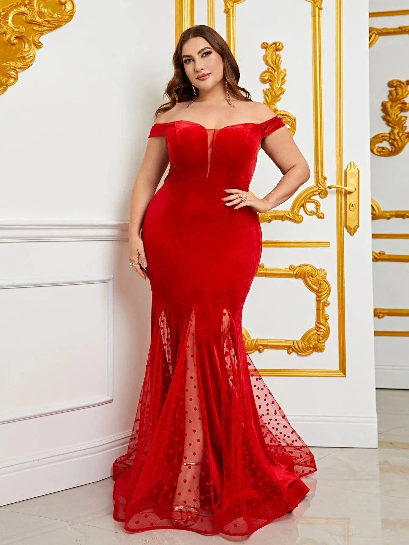 Plus Off Shoulder Mesh Insert Mermaid Dresses